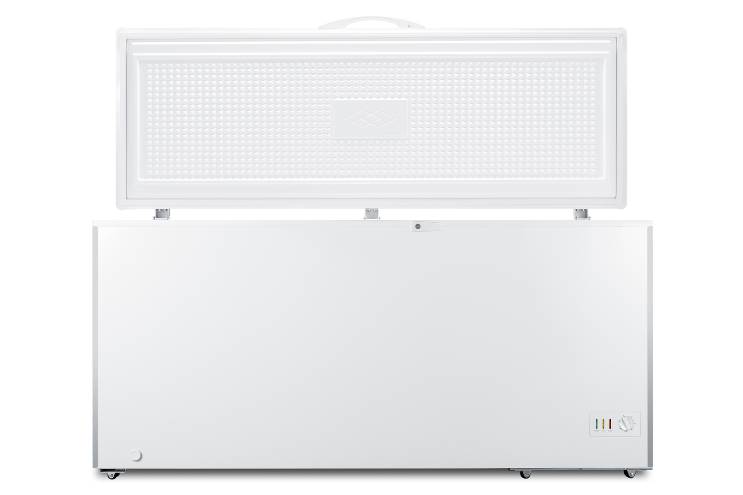 Commercially listed 17.2 cu.ft. manual defrost chest freezer in white with stainless steel corner guards and lock
